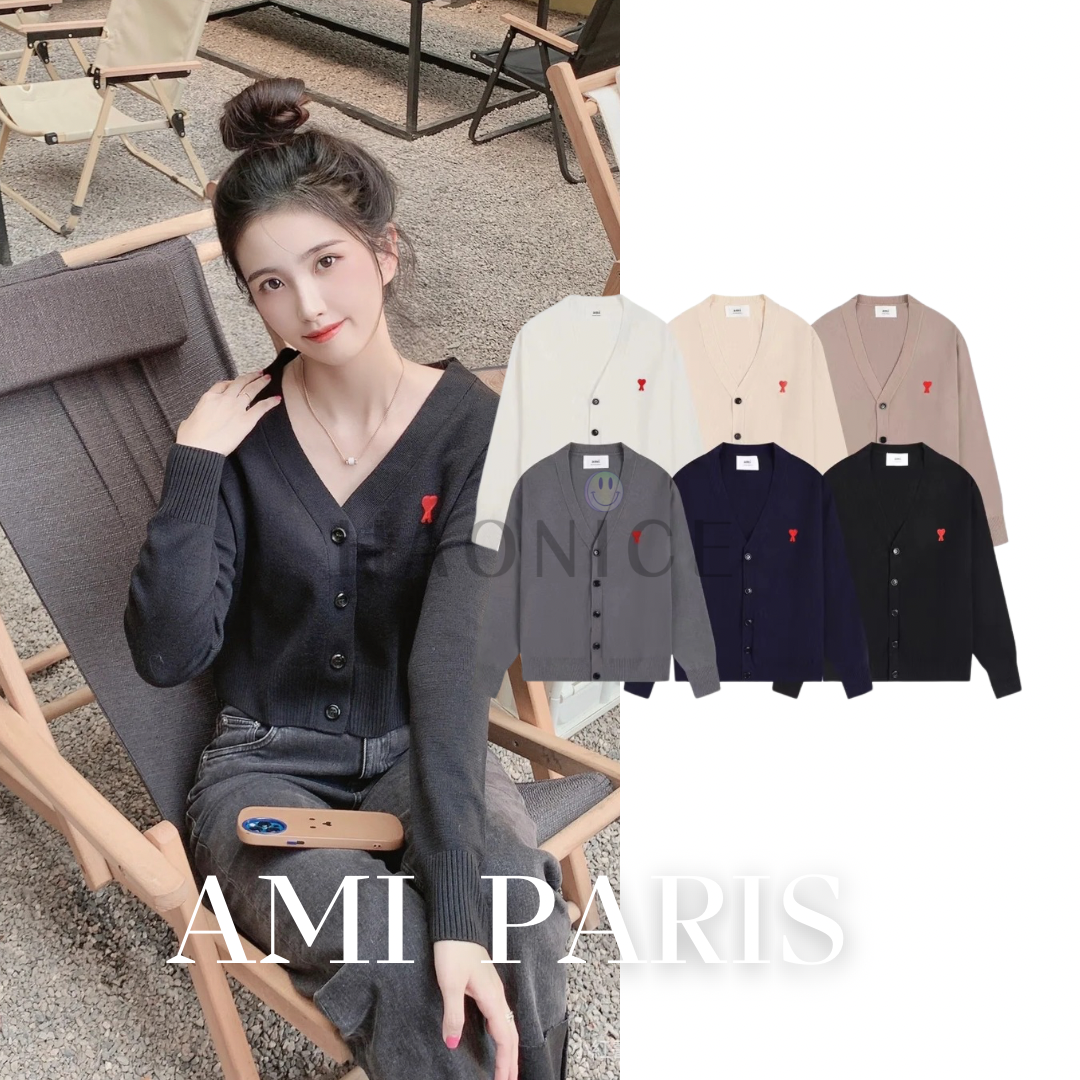 【HAO NICE 】純羊毛🦙法國潮流品牌AMI PAPIS 艾米 經典小LOGO 紅愛心 長袖 V 領長袖 針織扣子羊毛針織外套❤️