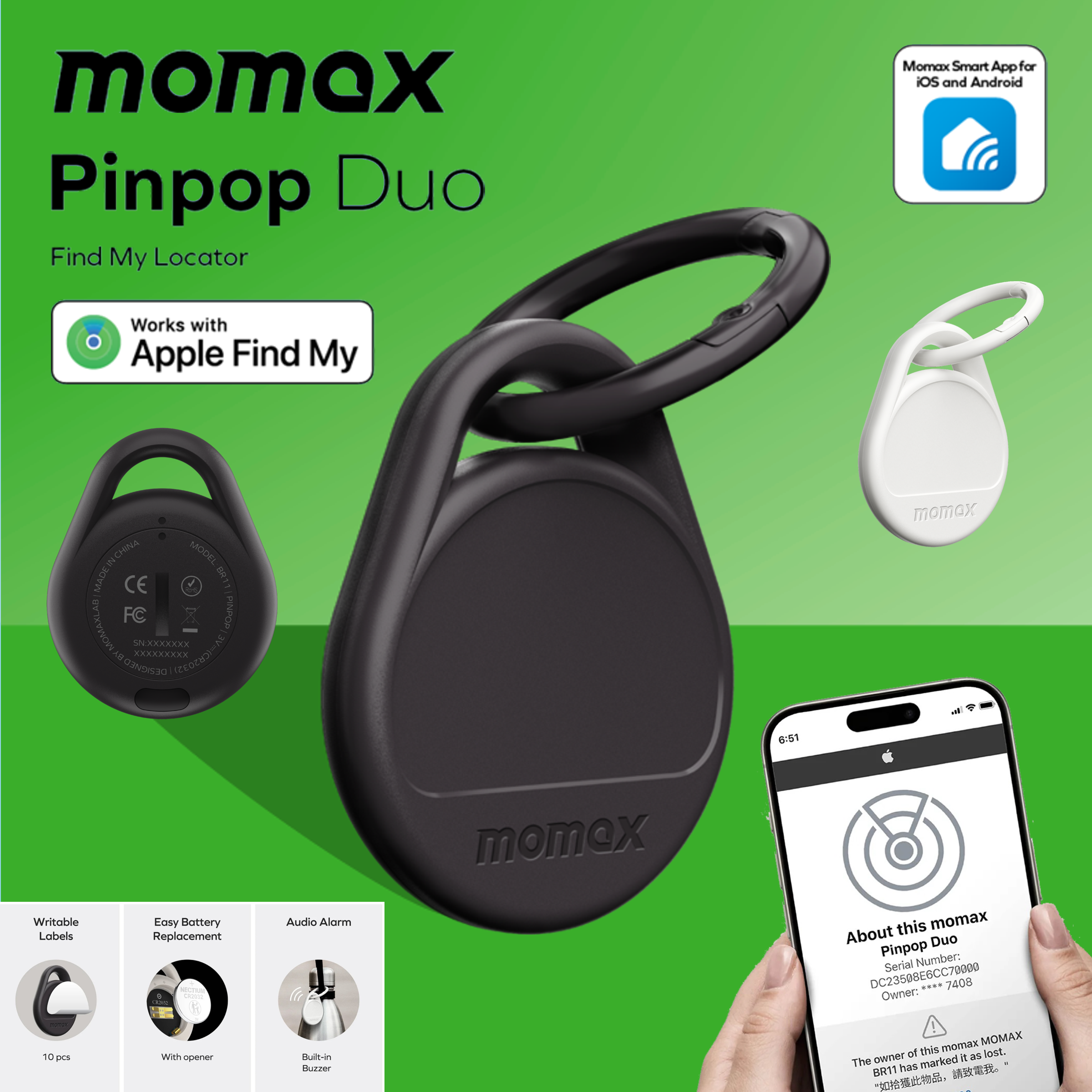 MOMAX Pinpop Duo 全球定位器 旅行追蹤器 #iOS及Android設備可用 (黑色) BR11D《香港行貨》《2年保養》