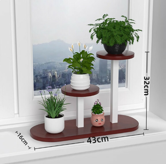 窗台飄窗鐵藝花架--落地式花架 裝飾花盆 桌上置物架【白架柚木紋】1件