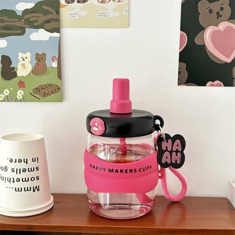 “Happy Makers Cup” Glass Bottle with Straw