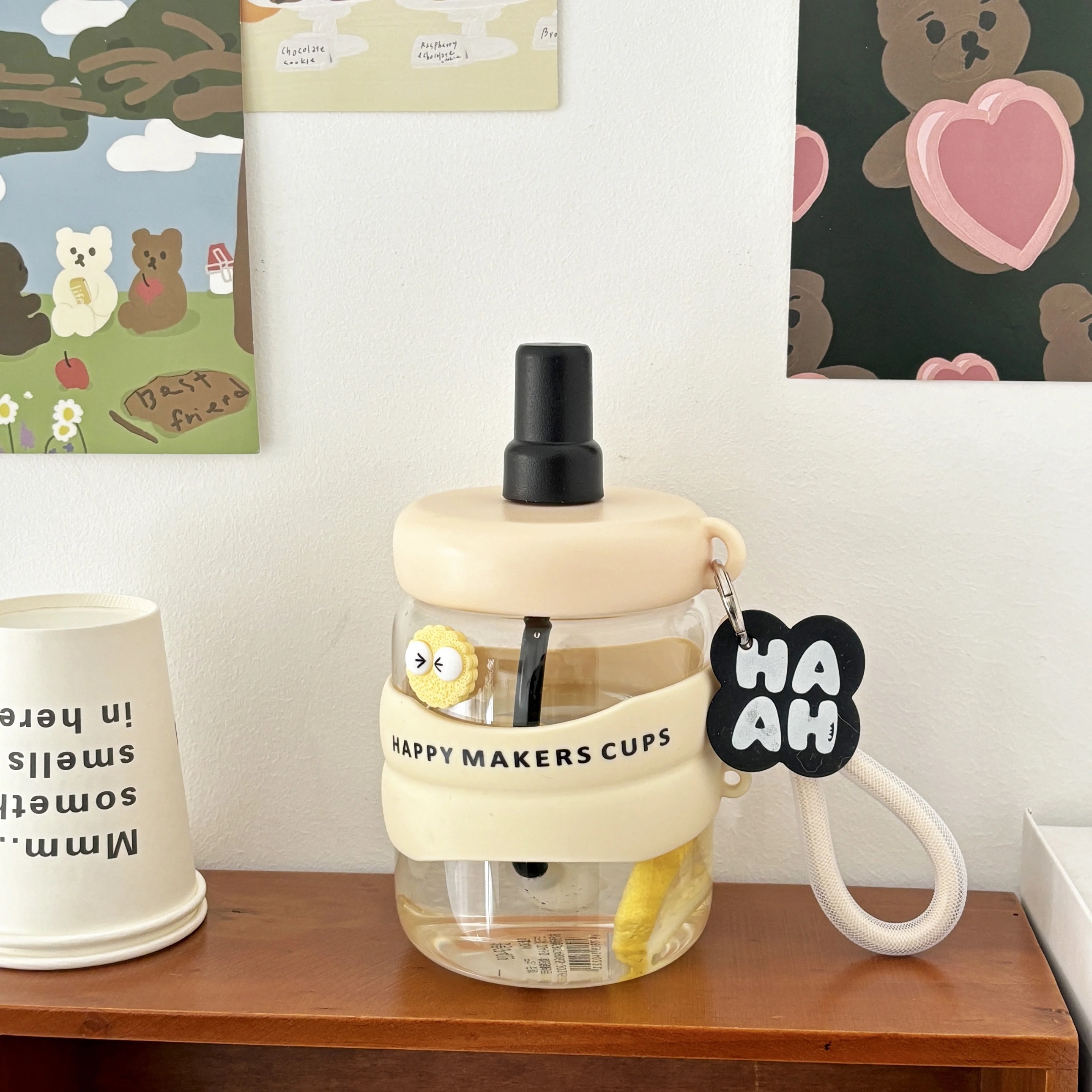 “Happy Makers Cup” Glass Bottle with Straw