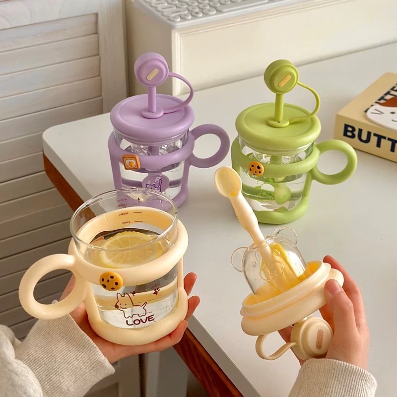 Ins Style Candy Colour Glass Bottle With Tea Filter and Straw