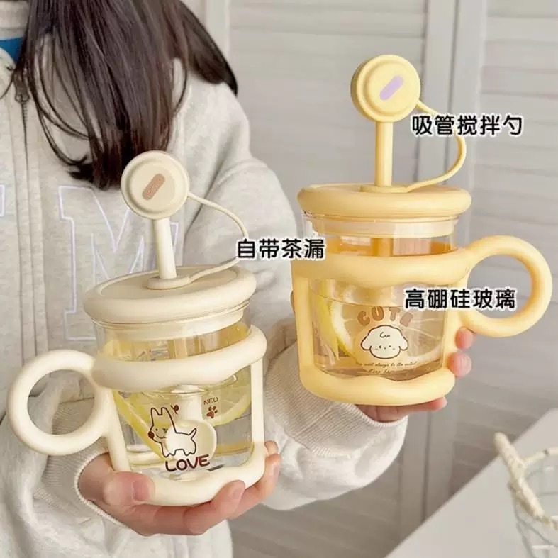 Ins Style Candy Colour Glass Bottle With Tea Filter and Straw