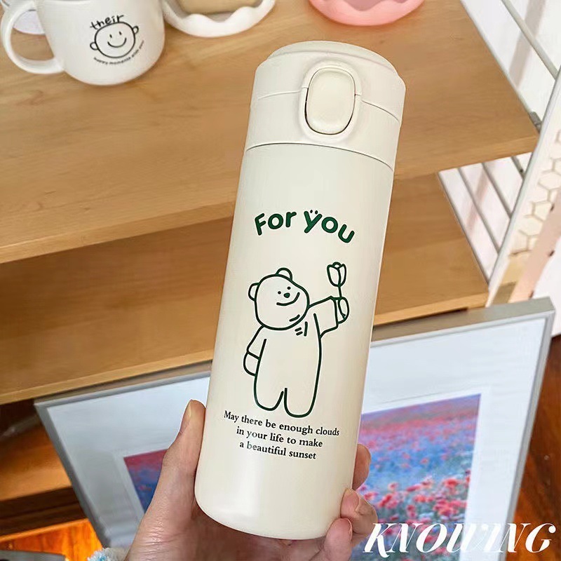 《5449》ins可愛花朵小熊304不銹鋼保溫瓶