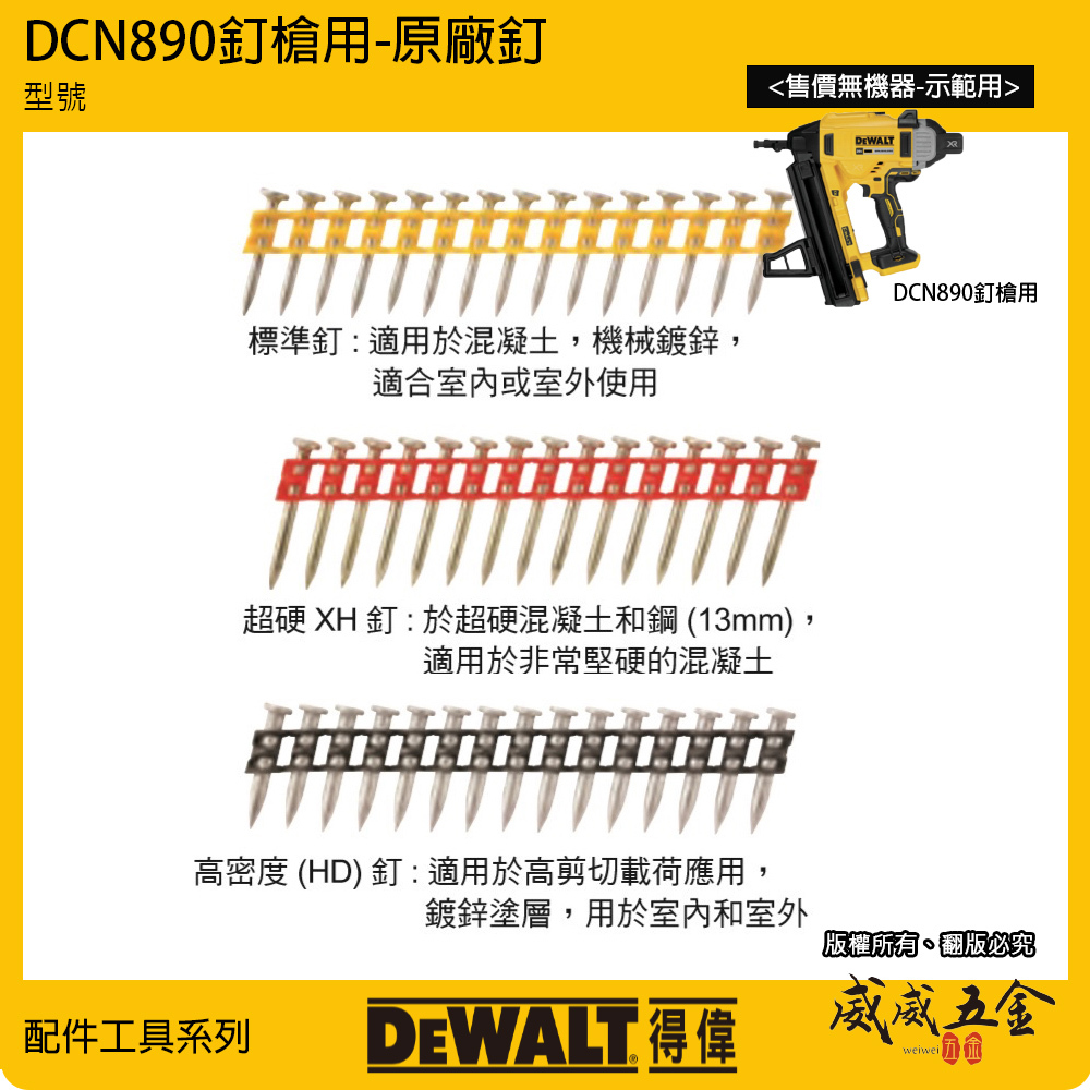 美國 DEWALT 得偉｜無碳刷混凝土擊釘槍用配件｜DCN890 專用釘｜標準釘 超硬XH釘 高密度HD釘｜公司貨