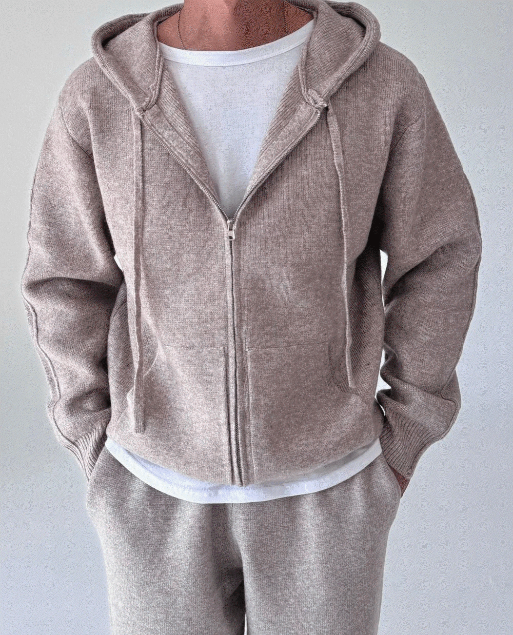 針織連帽拉鍊衫 針織休閒褲 套裝