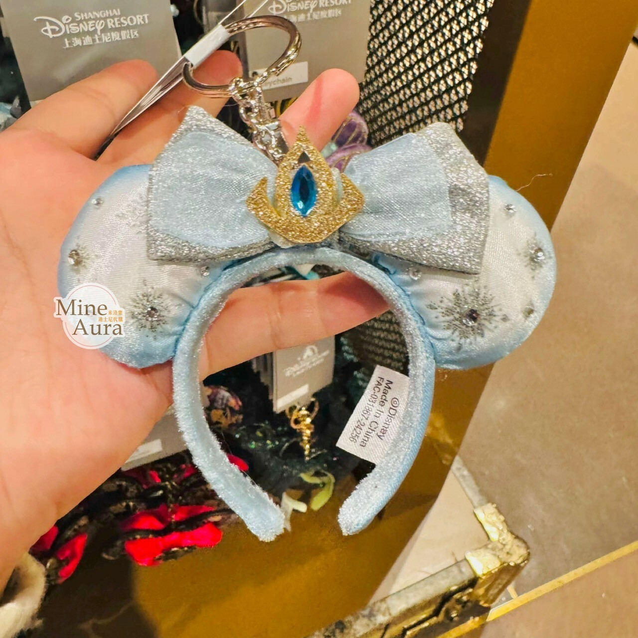 (限時特價) 艾莎 Elsa 蝴蝶結 立體耳朵 雪花亮鑽 髮圈 造型 鑰匙圈 吊飾 -上海迪士尼樂園