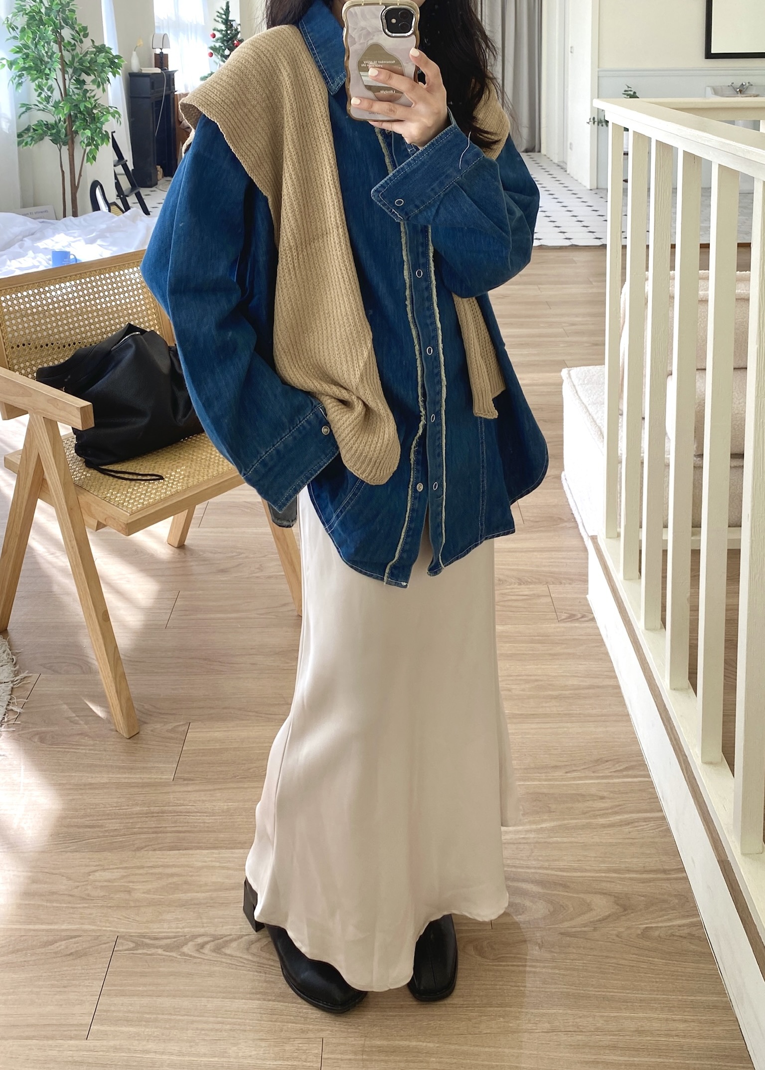 俏皮寶貝牛仔襯衫+針織披肩