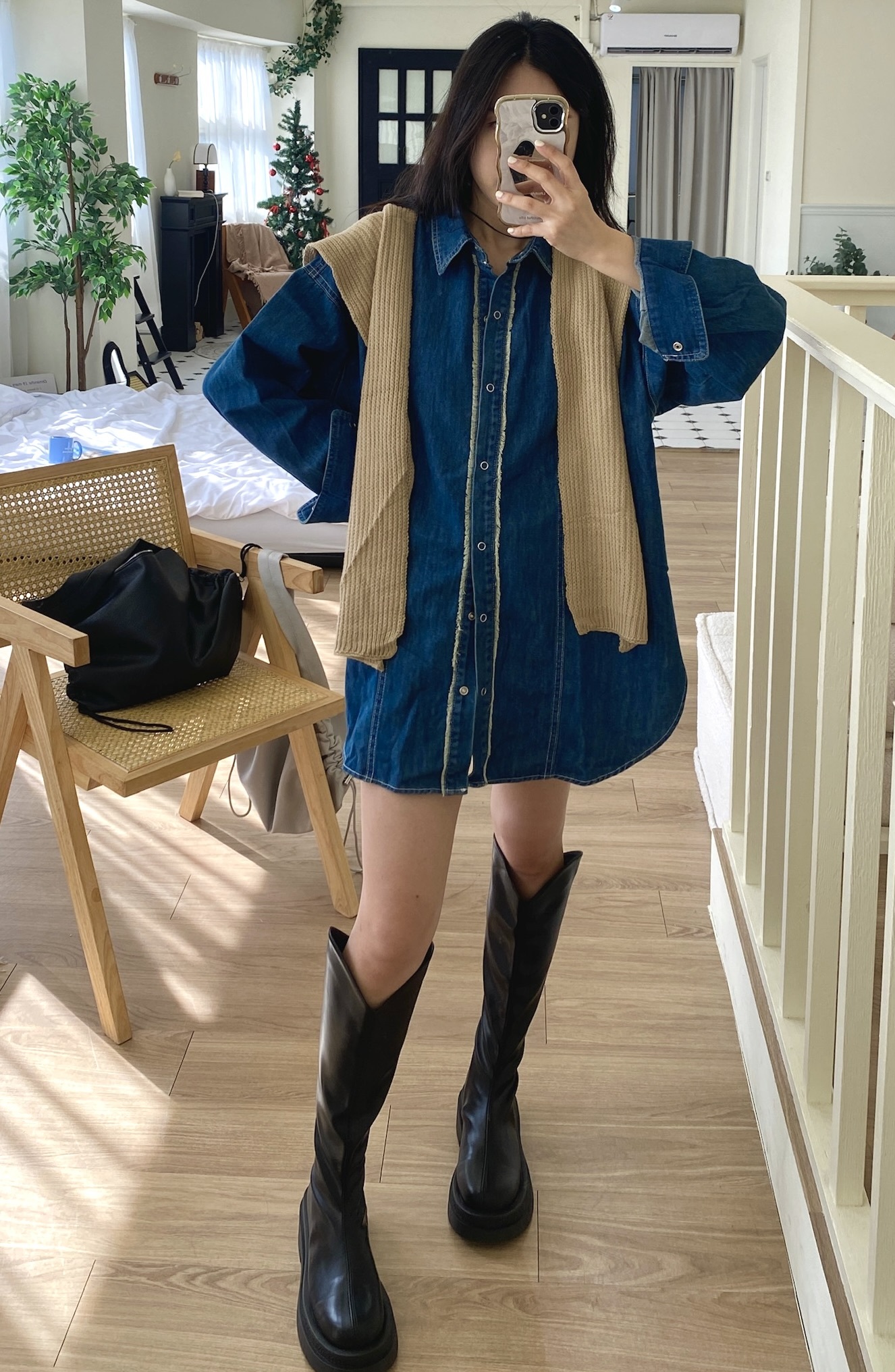 俏皮寶貝牛仔襯衫+針織披肩