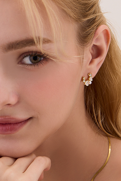 珍珠百花鋯石。銀針耳環