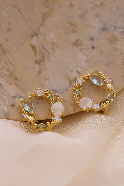 森系花環貓眼石。夾式耳環