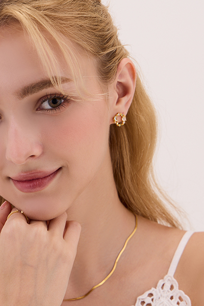 森系花環貓眼石。夾式耳環