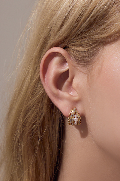 水晶珍珠蕾絲邊。夾式耳環