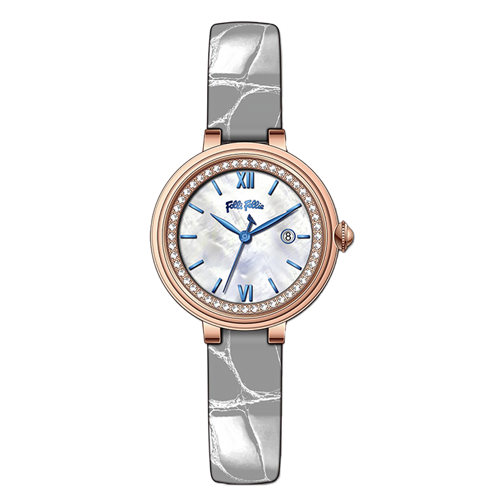 【Folli Follie芙麗芙麗】WF22A013 淑女 時尚 優雅 輕奢 日期 珍珠母貝 鑽圈 牛皮 手錶 (附贈官方品牌手鐲)