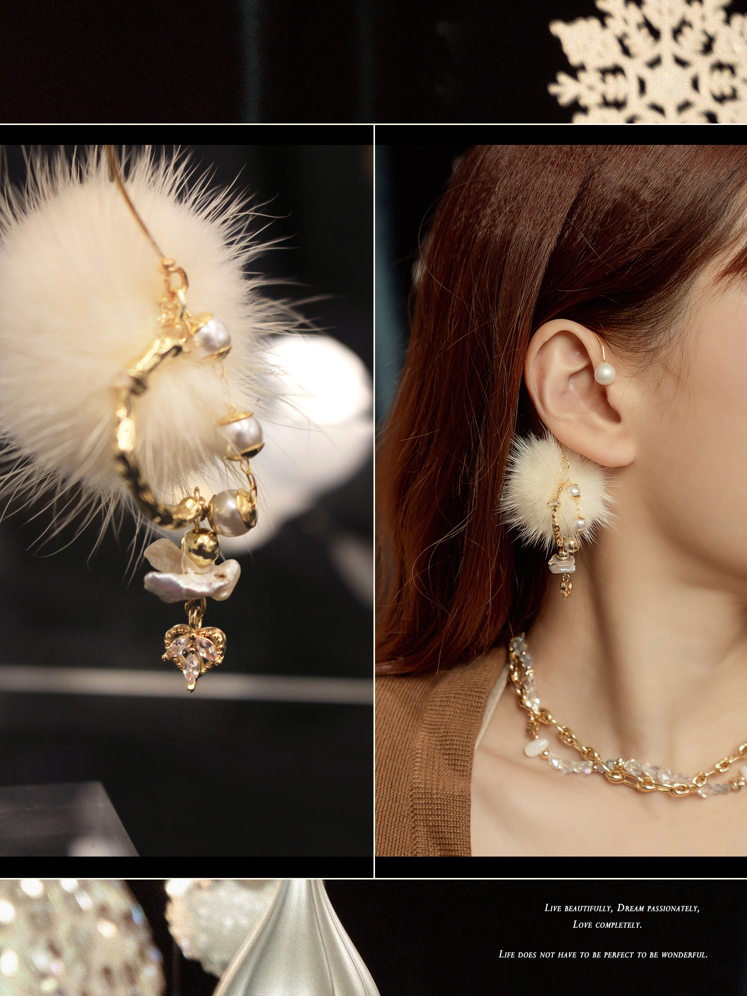 軟萌救星。MUCHAT手作14KGP淡水珍珠愛心毛球耳掛耳環(單支)