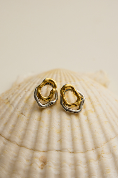 簡約雙層不規則撞色。銀針耳環