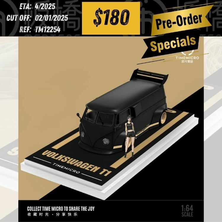 PO-$180 * TIME MICRO * 1:64 VOLKSWAGEN T1 VAN BLACK/GOLD W/FIGURE [OD25/12]