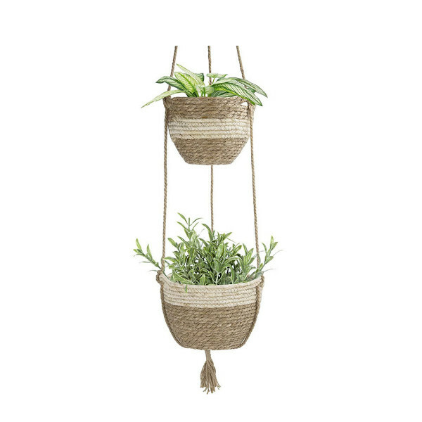 戶外懸掛花盆，天然海草吊籃，室內植物花盆【米色雙層吊籃】1件