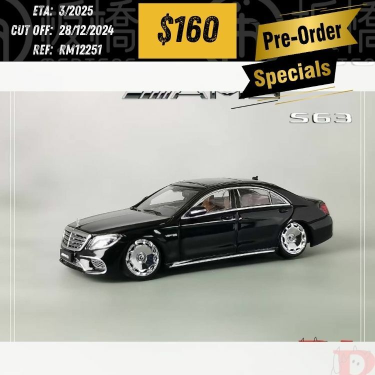 PO-$160 * RHINO MODEL * 1:64 MERCEDES BENZ S CLASS W222 AMG S63 BLACK LOW DOWN VERSION [OD25/12]