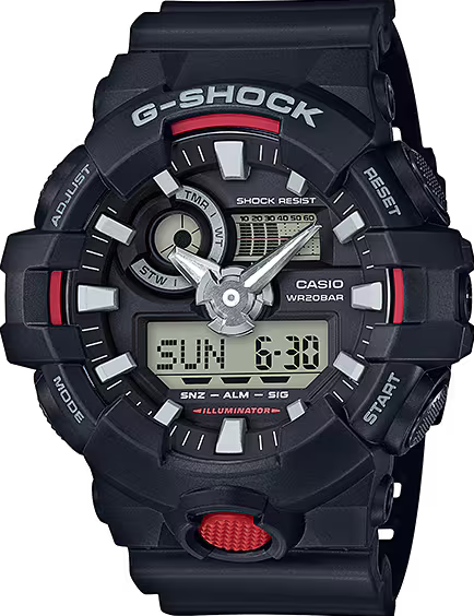 萬年鐘錶 - G-SHOCK  引人注目大錶徑雙顯系列經典黑運動電子錶 GA-700-1A  錶徑 : 53.4mm