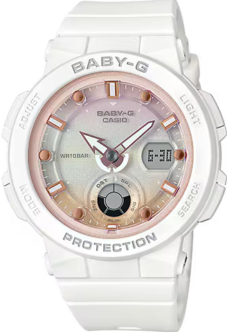 萬年鐘錶 - BABY-G   純白沙灘 防震雙顯電子錶  BGA-250-7A2  錶徑 : 41 MM