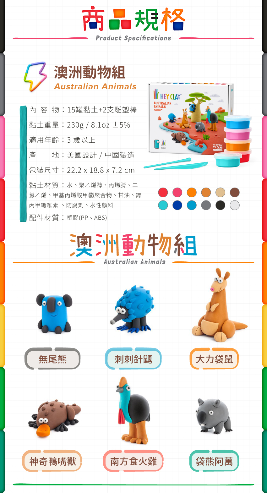 內容物：15罐+2支雕塑棒，黏土重：230g/8.1oz±5，適用年齡：3歲以上，產地：美國設計/中國製造，包裝尺寸：22.2x18.8x7.2cm，黏土材質：水、聚乙烯醇、丙烯腈、二氯乙烯、甲基丙烯酸甲酯聚合物、甘油、羥丙甲纖維素、防腐劑、水性顏料，配件材質：塑膠(PP、ABS)。角色包含:無尾熊、刺刺針鼴、大力袋鼠、神奇鴨嘴獸、南方食火雞、袋熊阿萬