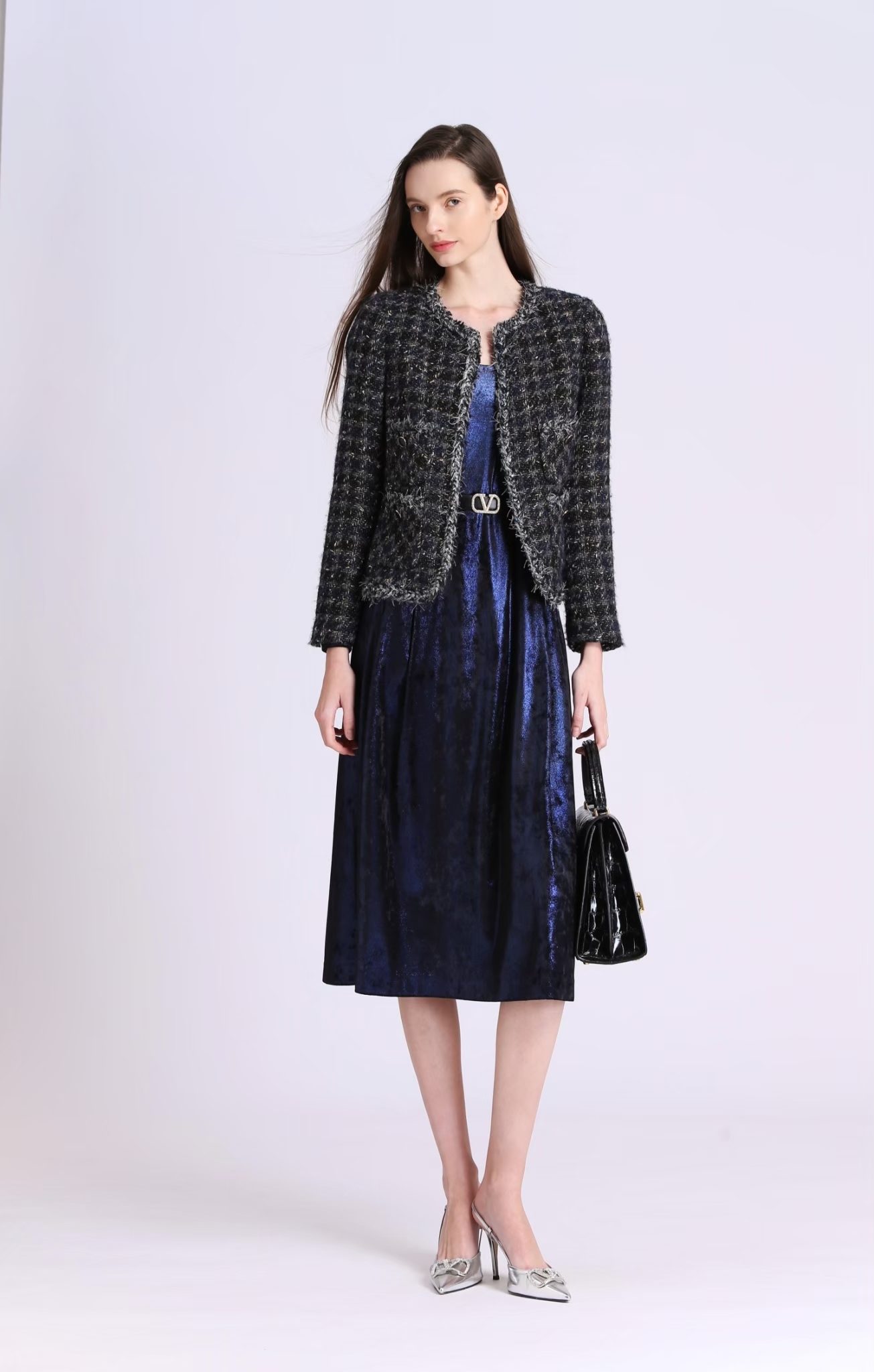 BD15336D1 霜灰雅緻混色系格紋小香花呢外套