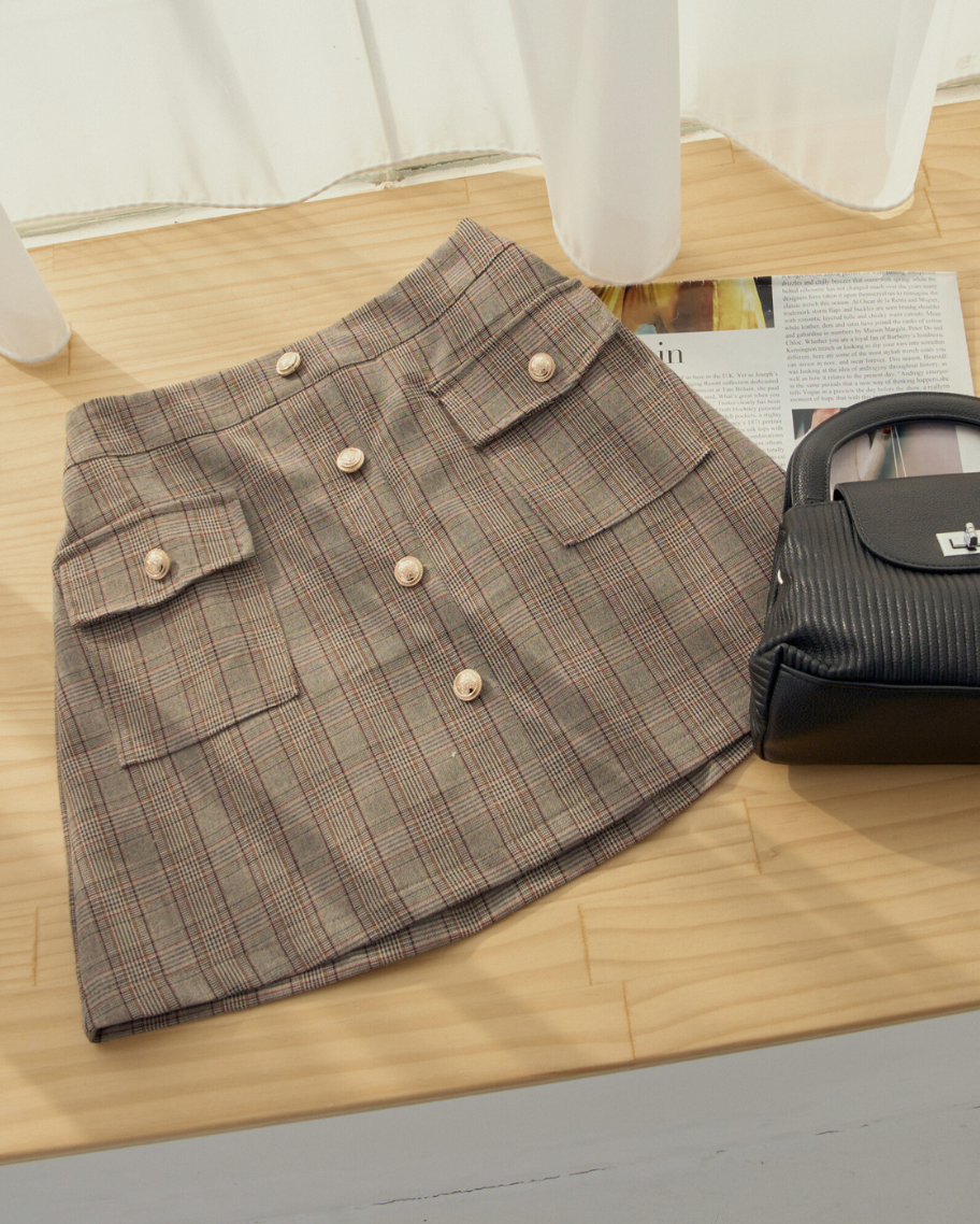 復古經典格紋金釦貼袋短裙