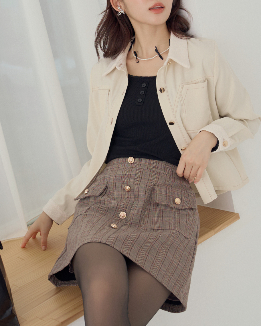 復古經典格紋金釦貼袋短裙
