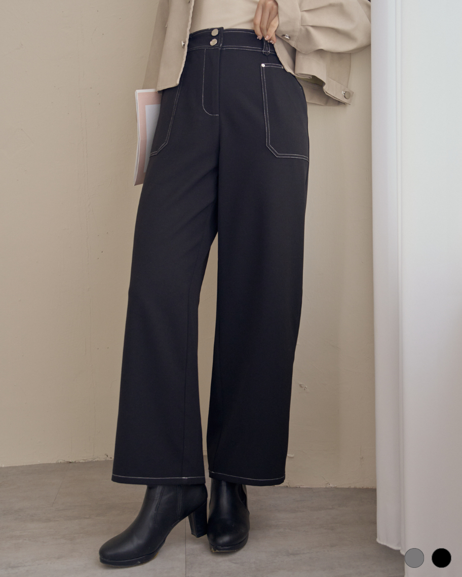 率性雙釦棉感車線大口袋寬褲