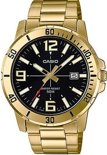 萬年鐘錶 - CASIO 卡西歐 復古全金色黑面男錶 MTP-VD01G-1BV 錶徑45MM