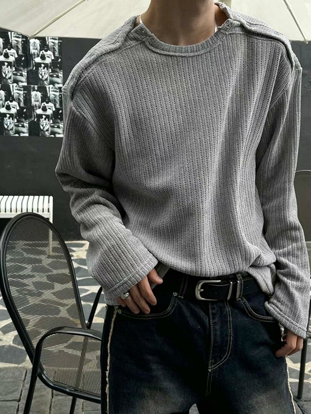 淨色圓領暗直紋針織衫 RAYGUN-021T