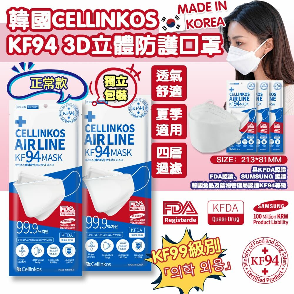 ca16311  Cellinkos Air Fresh 4層高防護納米牛油紙底KF94口罩  $15/10片