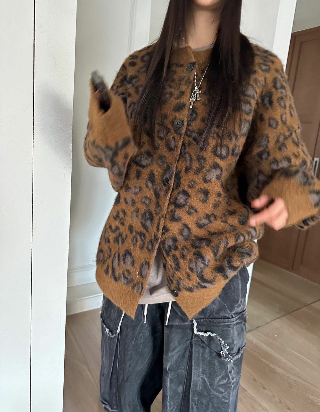 豹紋開胸針織外套 UNUSED-043JK