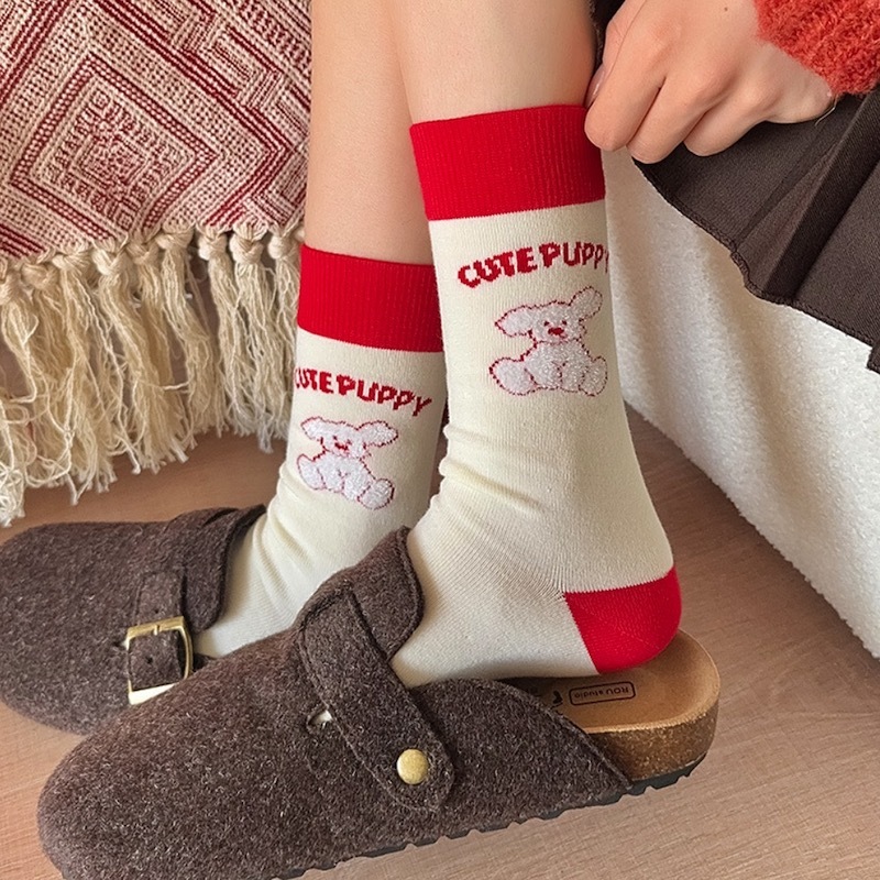 《12260》喜氣洋洋大紅色狗狗中筒襪