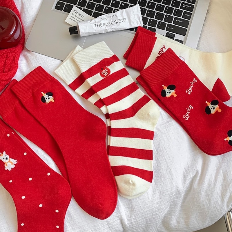 《12260》喜氣洋洋大紅色狗狗中筒襪