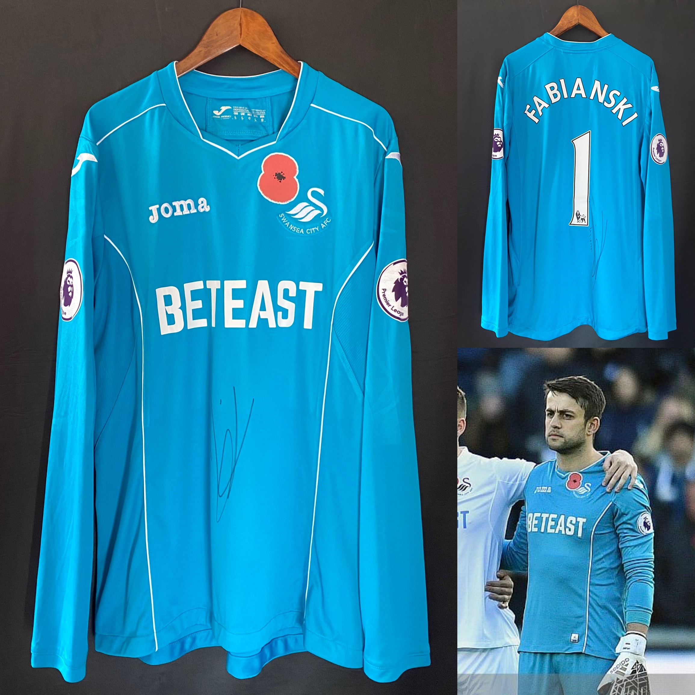 (Poppy Match Worn) Swansea 2016-2017 Joma Poppy Goalkeeper Match Worn Shirt #1 FABIANSKI
