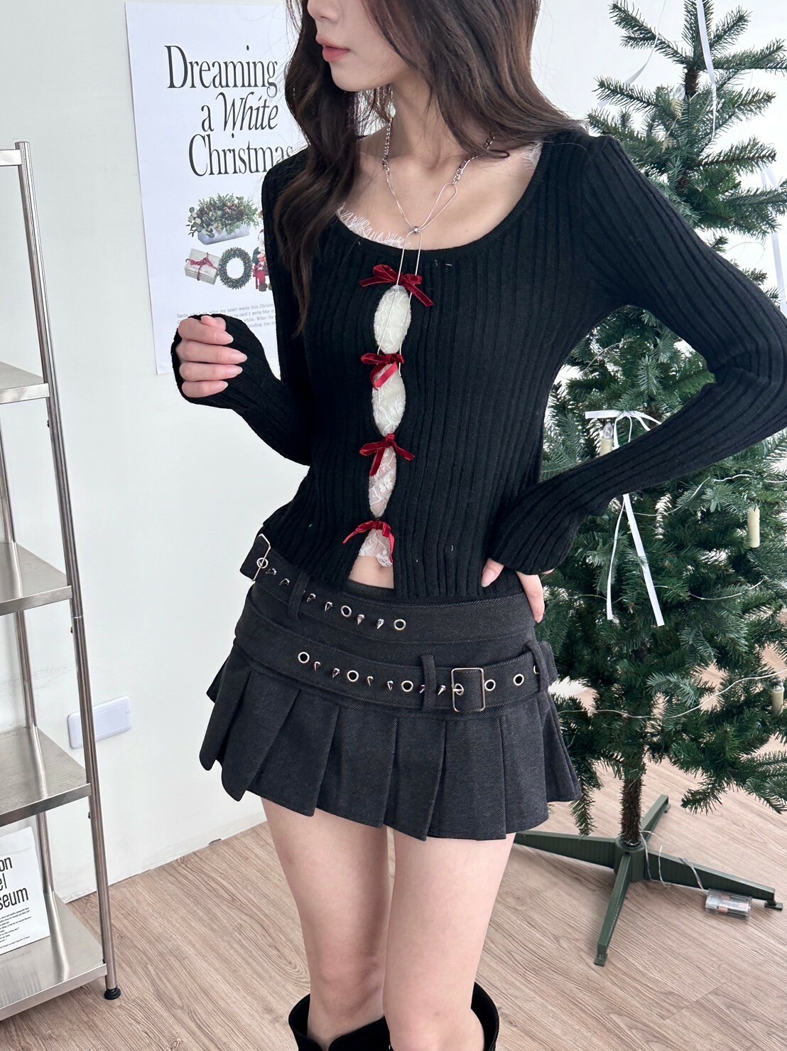 韓裡韓氣🍰蕾絲拼接鏤空蝴蝶結針織毛衣2colors