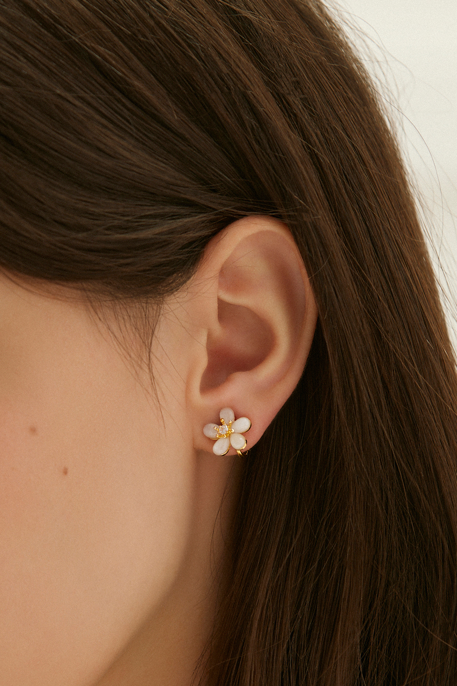清透單鑽貓眼小花。夾式耳環