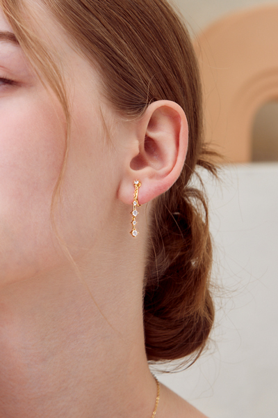 閃耀垂墜線型鋯石。夾式耳環