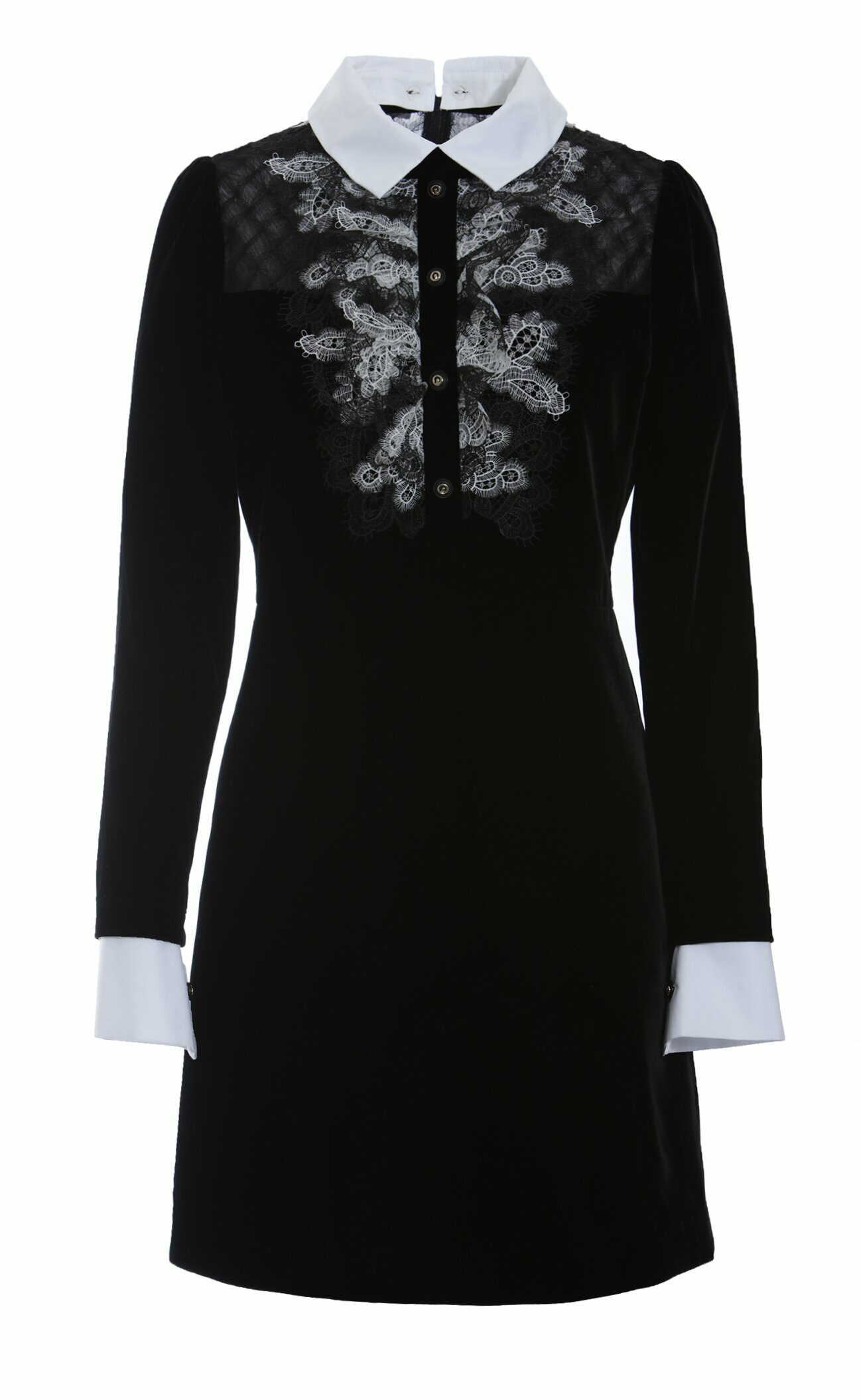 BD15069E1 黑夜名媛撞色蕾絲領口天鵝絨短洋裝 (附領片/袖口)