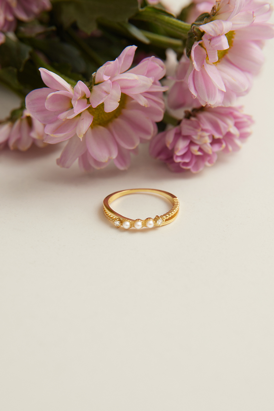 法式雙層交錯珍珠戒指
