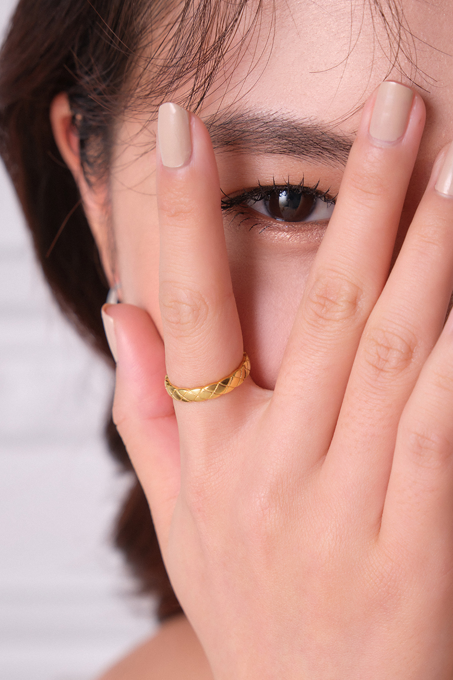 【925純銀】經典菱格紋可調式戒指(金)