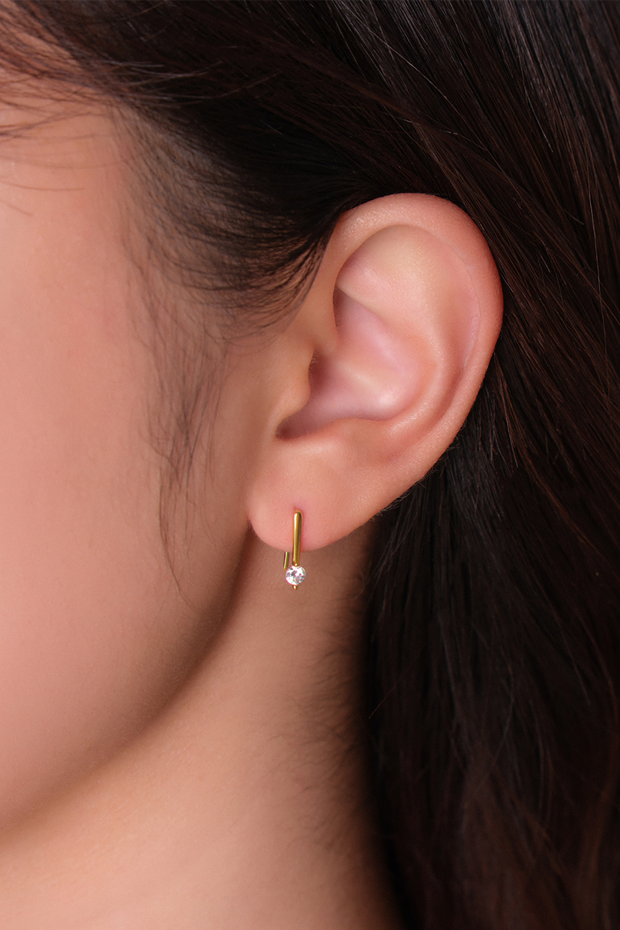 【925純銀】簡約線條單鋯石。銀針耳環