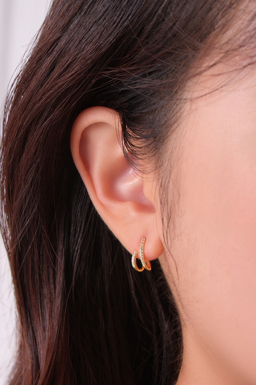 【925純銀】層次線條鑲鋯石。銀針耳環