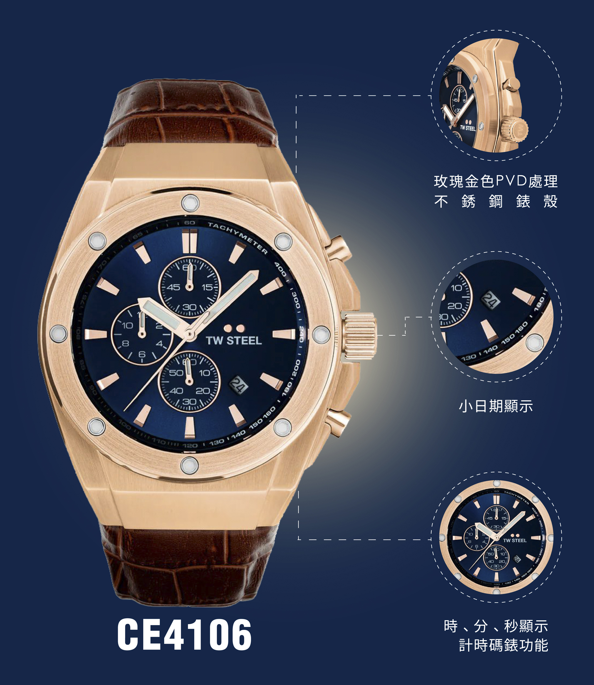 TW Steel CEO TECH 玫瑰金藍面計時碼錶 CE4106