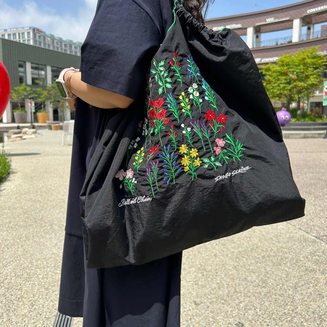 Ball＆Chain 刺繡環保購物袋 L號 - 黑 (32310201)
