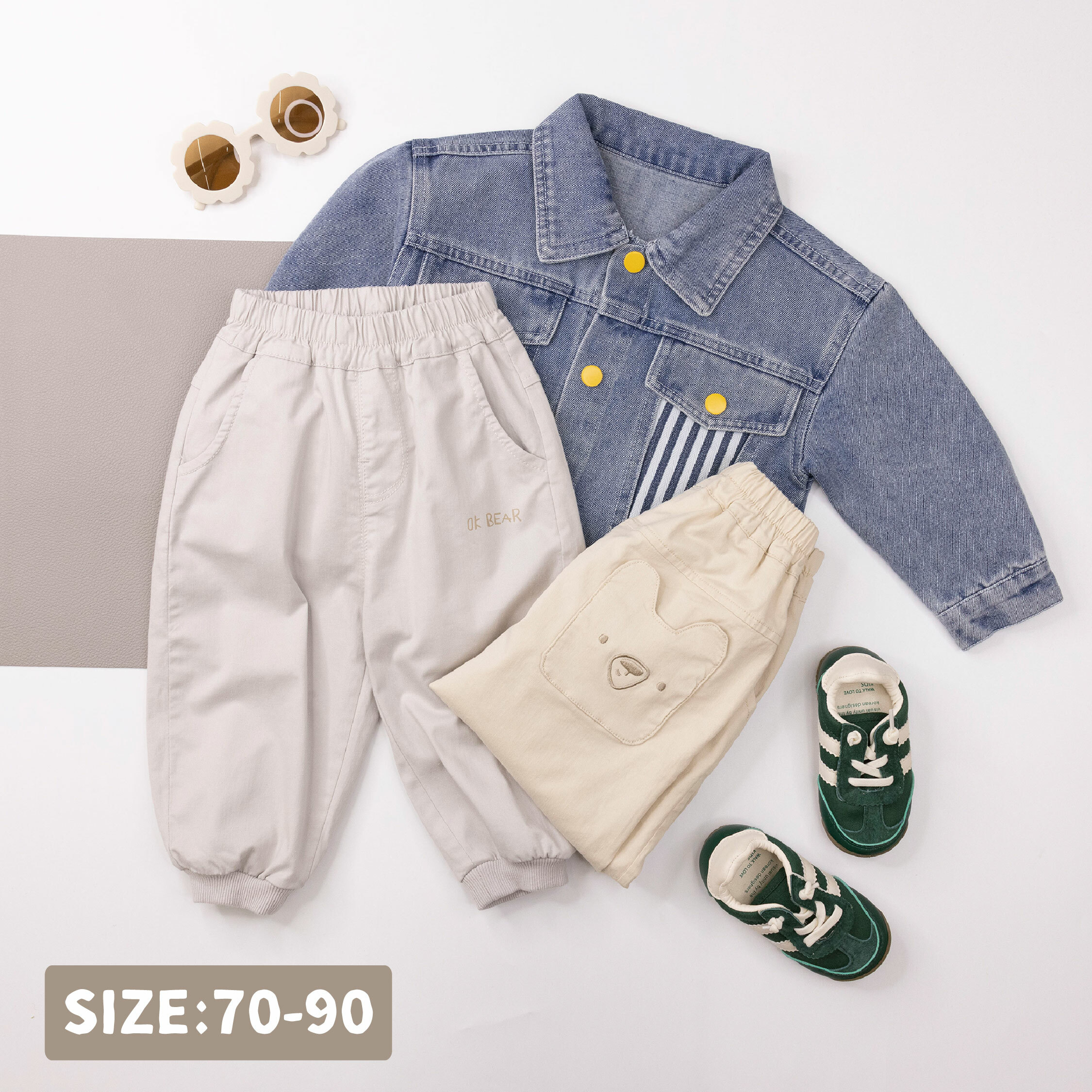 【H55017】OK小熊刺繡口袋設計縮口褲＊二色