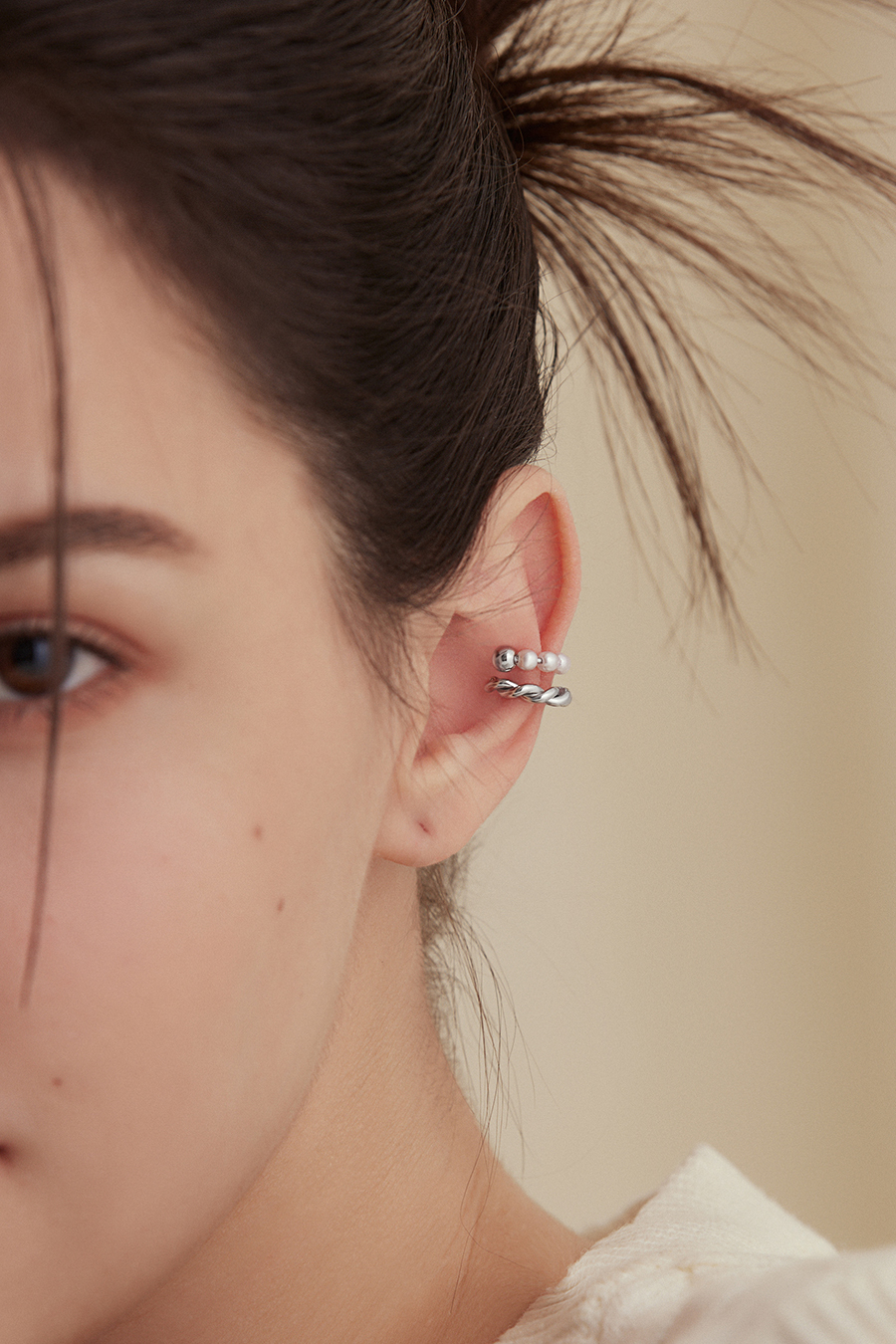 雙層麻花珍珠耳骨夾(單支)-銀
