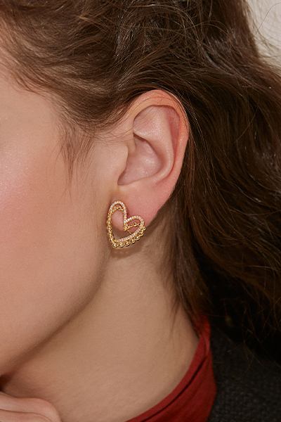 層次鏤空愛心。夾式耳環(金)